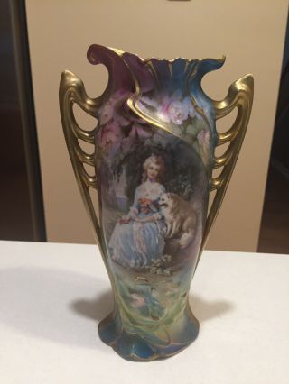 ANTIQUE ROYAL VIENNA Germany Vase 2 Gold Handles Floral Blue Portrait Lady 9” 3