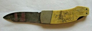 Vintage Khyber Japan Folding Pocket Knife W/ Ship Scrimshaw Handles