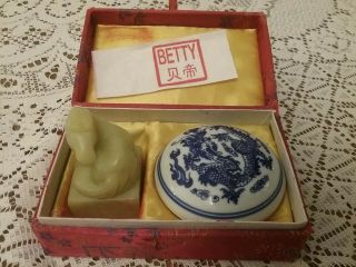 Vintage Chinese Jade? Stamp/seal With Decorative Pot Of Ink