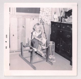 Little Blonde Hair Girl Riding On Her Toy Rocking Horse Vintage Photo 1950 