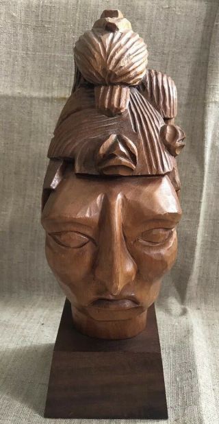 J.  Pinal Hand Carved Folk Art Mayan Chief Bust W/eagle Headdress