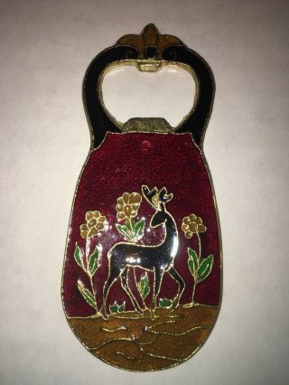Vintage Bronze Bottle Opener Enameled On Both Sides Deer And Flower