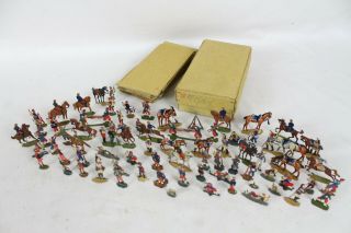 74 Vintage Tin Flats Zinnfiguren Scholtz Horses Soldiers Lead Toy W Box Folk Art