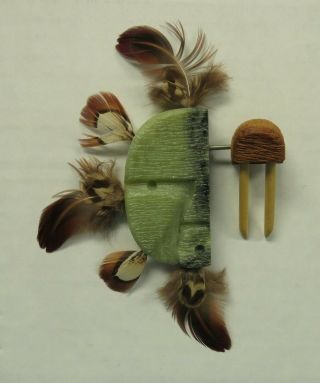 Miniature Native Alaska Eskimo Soapstone Wood & Feathers Spirit Mask