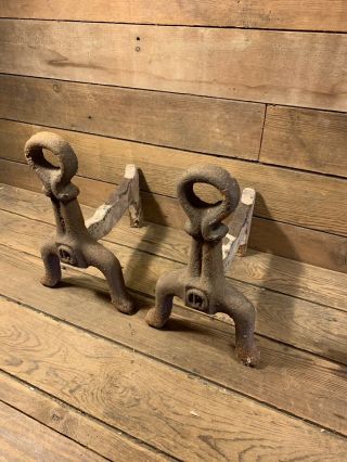 Heavy Antique Key Hole Cast Iron Fireplace Andirons Very Old Vintage Wood Pair