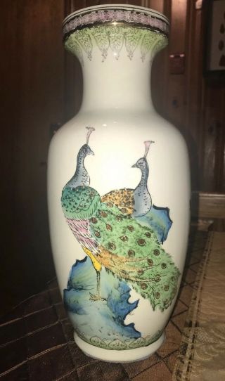 Large Vintage Vase Peacocks,  Flowers,  Bluebird Gold Moriage Accents