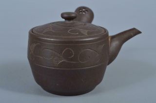 K3127:Japanese Banko - ware Brown pottery Arabesque sculpture TEAPOT Kyusu Sencha 3