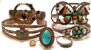 Vintage Old Pawn Heavy Sterling Silver Turquoise Cuff Rings 125 Grams Jewelry
