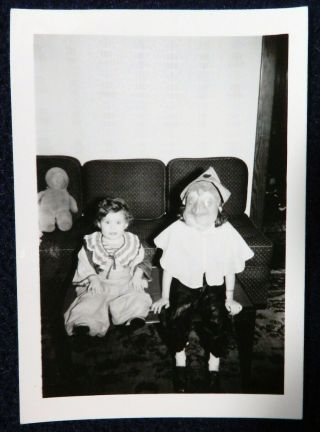 Vtg 1940s Photo Snapshot Creepy Halloween Costume Kids Witch Hag Rubber Mask
