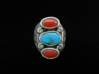 Vintage Navajo Ring - Large - Sterling Silver,  Coral,  And Turquoise