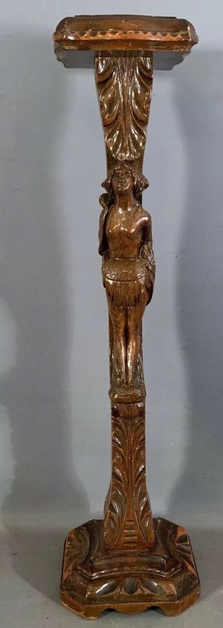 Antique Carved Wood Figural Nude Lady Statue Servant Smoking Stand Old Pedestal