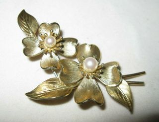 Vintage Signed Krementz Dogwood And Pearl Pin Brooch