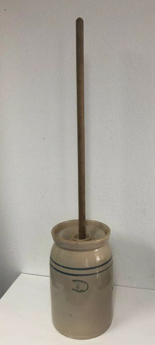 Hand Turned Antique 3 Gallon Marshall Pottery Large Butter Churn Lid And Dasher