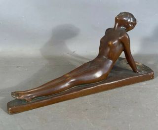 Antique Art Deco Beach Bronzed Nude Lady Sunning Statue Old Lamp Base Sculpture