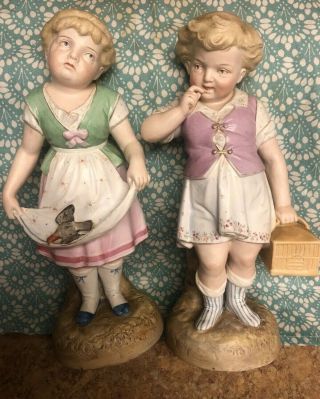 Gebruder Huebach German Bisque Figurines Girls With Dead Bird Piano Babys Set