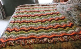 Vintage Hand Crochet Afghan Throw Blanket Earth Colors Knit 64 X 42