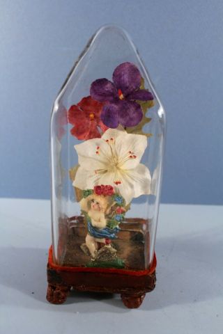 Antique Victorian Glass Dome Wax Valentine Diorama W Angel Figurine,  Flowers