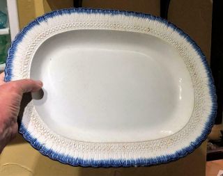 Large Antique Leeds Type Blue Feather Edge Pearlware Platter,  " Hall ",  C 1820