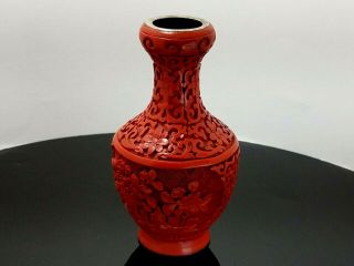 Vintage Chinese Carved Cinnabar Cloisonne Bud Vase 5 " Brass Blue Enamel Interior
