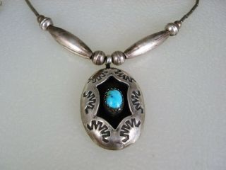 Vintage Navajo Stamped Sterling Silver Shadowbox & Turquoise Necklace Signed