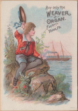 Victorian Trade Card - Weaver Organ - J P Julius - York,  Pa - Boy Waves Hat At Steamship