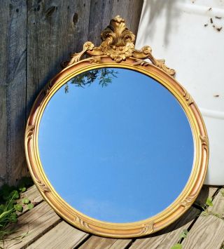 Vintage Round Gold Floral Wood & Gesso Wall Mirror,  Large Crest