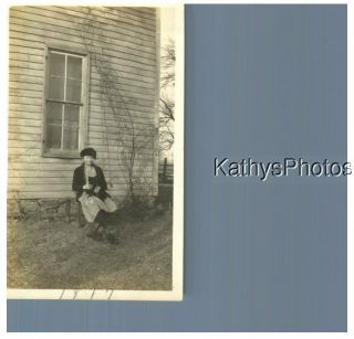 Found B&w Photo G_1041 Girl Sitting Outside With Black Cat On Her Lap
