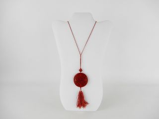 Vintage Chinese Cinnabar Medallion Bead Pendant w Mystic Knot Tassel Necklace 3