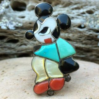 Rare Vintage Zuni Sterling Silver Mickey Mouse Mary Poncho Turquoise Ring Sz 7