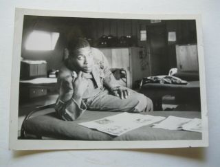 Handsome Young Black African American Soldier On Bunk Vintage Photo 1950s