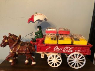 Cast Iron Coca Cola Delivery 2 Horse Drawn Wagon,  Crates,  Bottles Toy Vintage