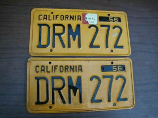 Vintage California 1956 License Plate Set Pair Drm 272