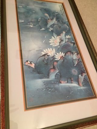 Vintage / Antique Chinese Silk Painting Birds With Flowers Signed 14 X 24” Fr