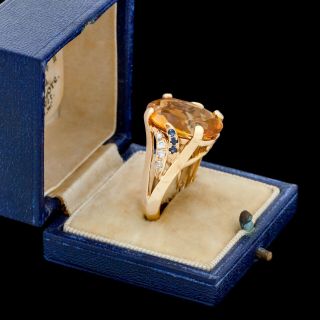 Antique Vintage Deco Retro 14k Gold Madeira Citrine Diamond Sapphire Ring Sz 7.  5
