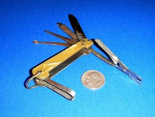 Small Vintage " S - D - K " Celluloid Handled Multi - Tool Keychain Knife Made In Japan