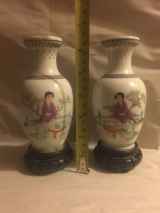 Pair Antique Chinese Qianlong Mark Porcelain Small Vases W Wooden Display Stands