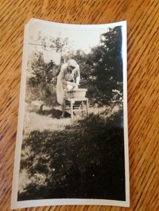 Vintage Black & White Photo Woman Hand Washing Clothes In Basin Outdoors