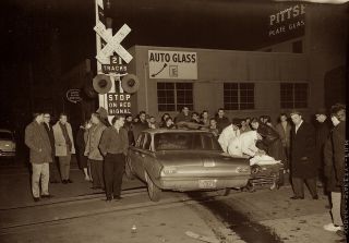 1950s Era Photo Negative Car Crash Street Scene Train Railroad Track Latrobe Pa