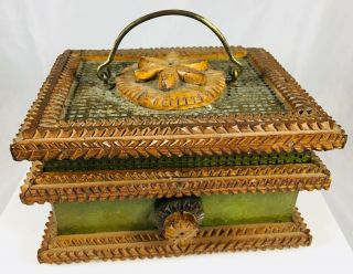 Antique Aafa 1947 Folk Tramp Art Green Painted Wood Treasure Box Grandpa Whimsy