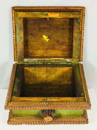 Antique AAFA 1947 Folk Tramp Art Green Painted Wood Treasure Box Grandpa Whimsy 3