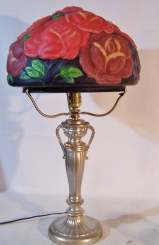 Vintage Table Lamp Pairpoint Puffy Type Reverse Paint Satin Glass Shade Roses