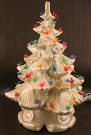Vintage 16 1/2” Ceramic Christmas Tree White Iridescent Birds Atlantic Mold
