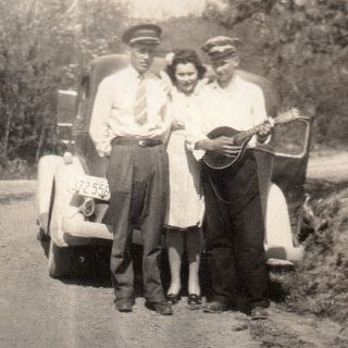 Vintage Found Photo Snapshot Ca.  1930s Mandolin Boy Man Woman Auto Country Road