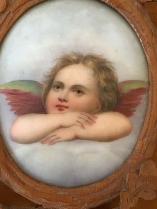 Hand Painted Plaque Angel Cherub Kpm Style Carved Wood Frame Black Forest German