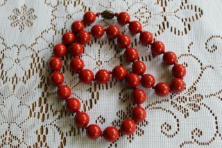 Vintage Chinese Uncarved Red Cinnabar Bead Necklace 24 " Gilt Filigree Clasp