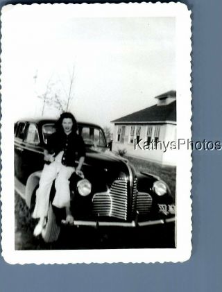 Black & White Photo F,  1726 Pretty Woman Posed Sitting On Car Fender