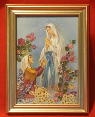 Handmade In The Usa Our Lady Of Lourdes 5 " X 7 Framed Pressed Flower Picture