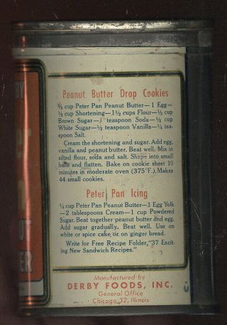 1940S 12OZ.  DERBY PETER PAN PEANUT BUTTER TIN CAN 2