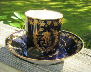 Antique Sevres Cobalt Blue W Gold Cup & Saucer Initial W Crown Porcelain