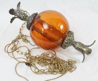 Vintage Hanging Swag Lamp Amber Flashed Glass Mid Century Coin Dot Globe